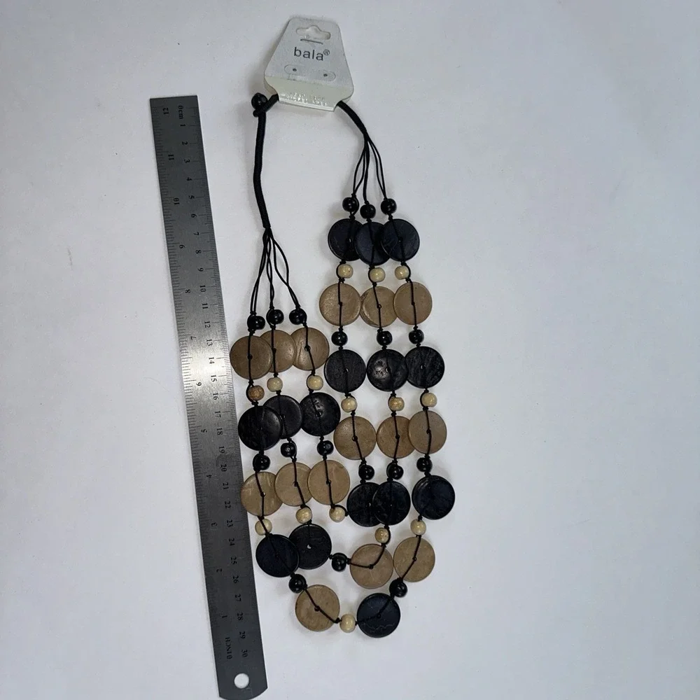 Bala Statement Necklace Women OS Black Tan NEW Wood Disc Multi-Strand Boho